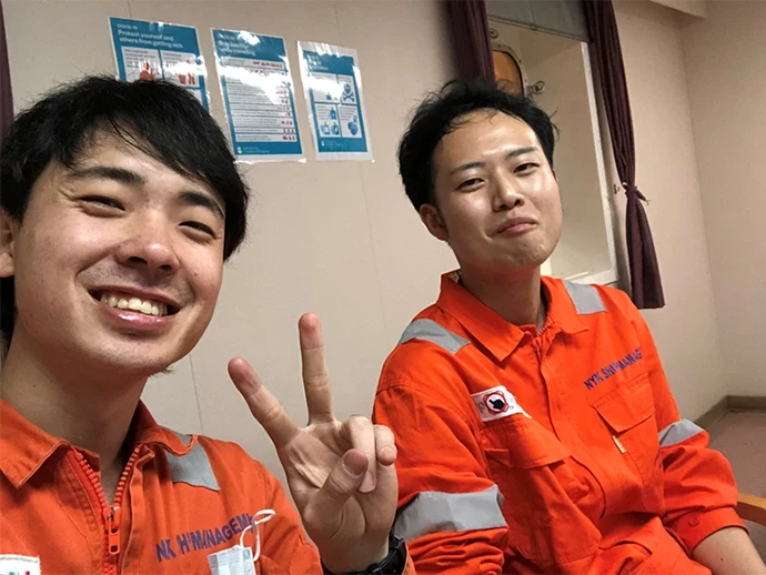Aboard the container vessel NYK Daedalus — a photo taken when Irokawa boarded as Takemata’s successor
