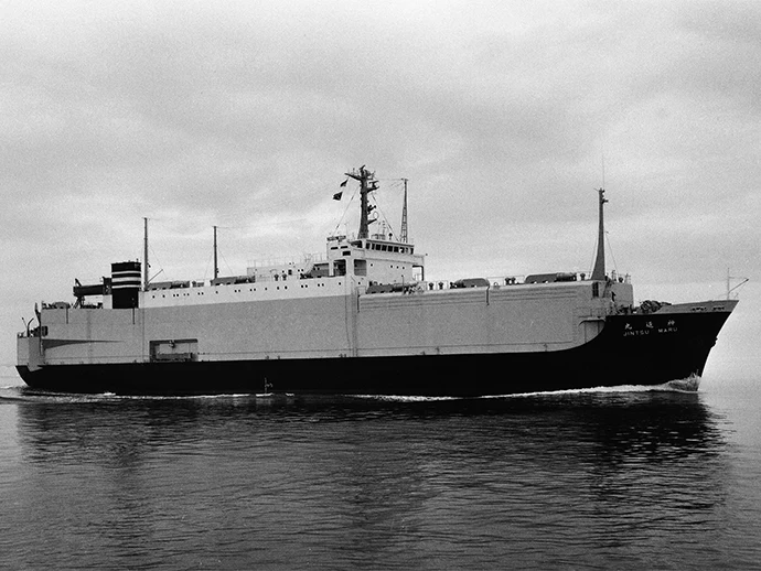 Caption: Jintsu Maru, NYK’s first pure car carrier, completed in 1970  Courtesy of the NYK Maritime Museum