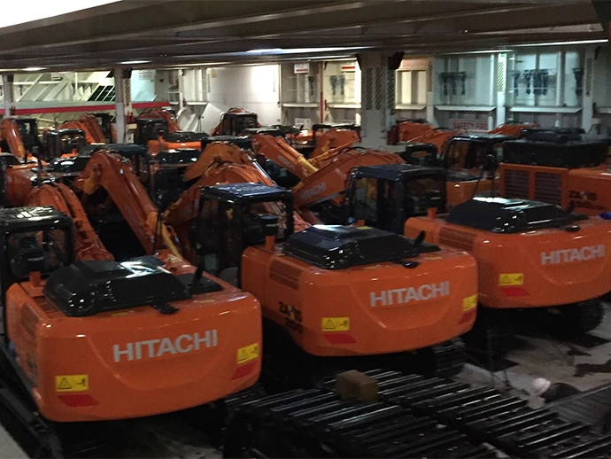 Cargo includes construction vehicles, railway cars, and even wind turbine blades. Non-self-propelled cargo is transported using roll trailers.