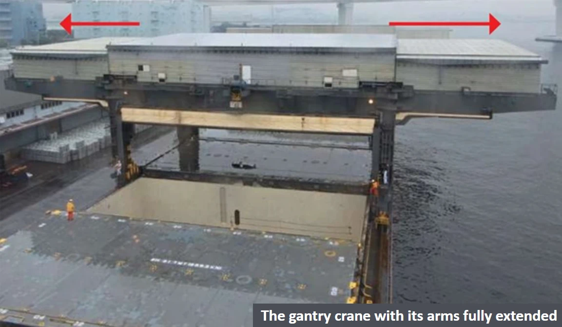 The gantry crane with its arms fully extended — a hallmark of efficient cargo handling.