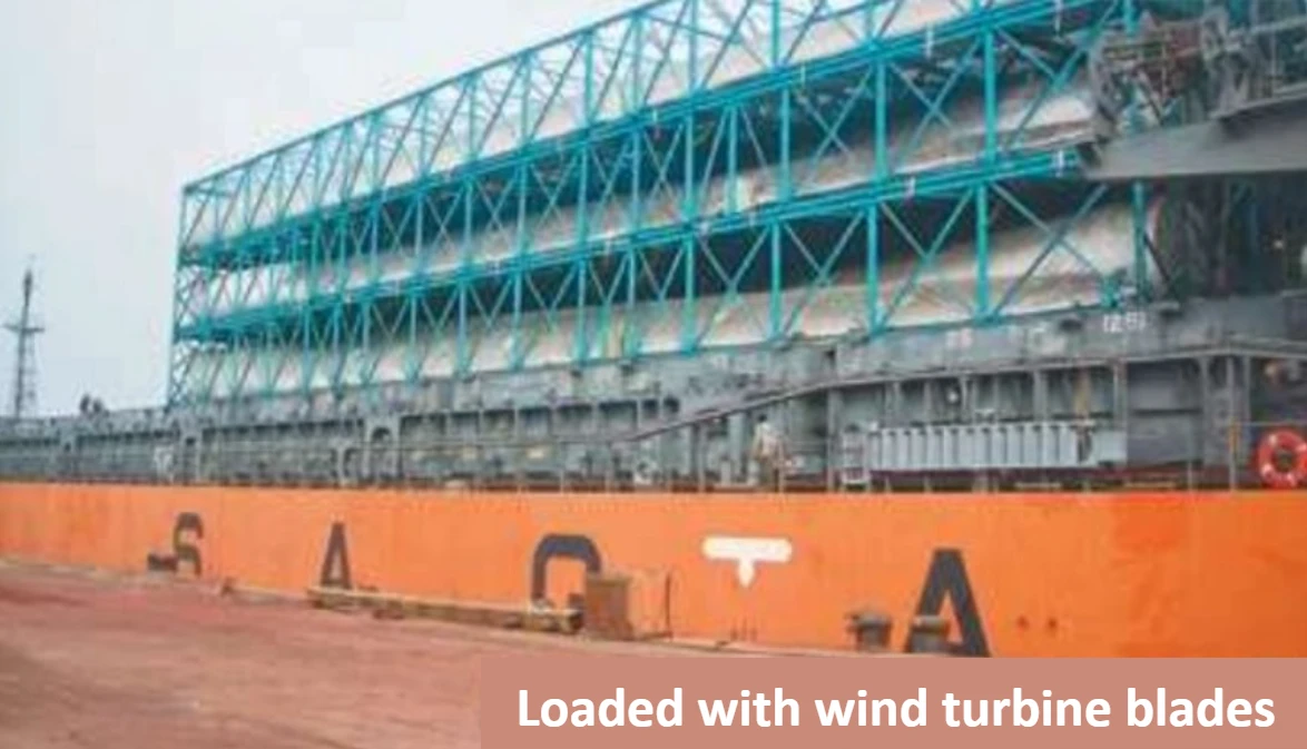 The flat deck makes it ideal for handling oversized cargo such as wind turbine blades.