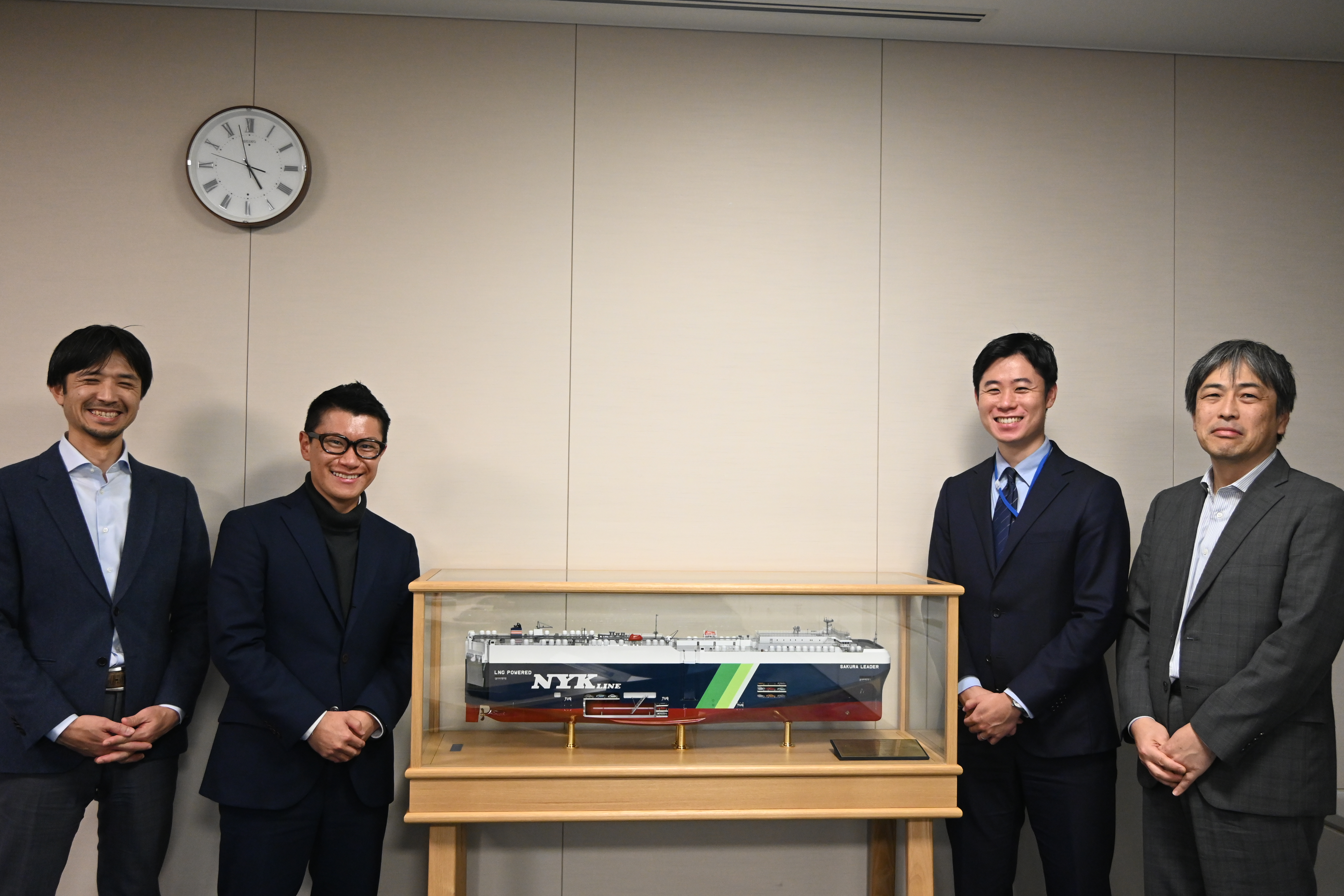 From left Hiroyuki Nozaki DXandBPM Team and Naoki Motohashi Coordination Team, Automotive Business Management Group, NYK Narihiro Mitsushima Researcher, Ship System Team and Yoshihiko Maeda(Deputy General Manager, Maritime & Logistics Technology Group, MTI.