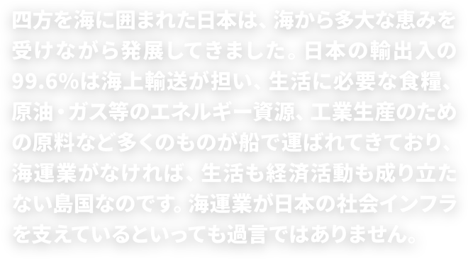 四方を海に囲まれた日本は、海から多大な恵みを受けながら発展してきました。現在では、生活に必要な食料、原油・ガス等のエネルギー資源、工業生産のための原料など、貿易量の99.6％は海上輸送によって輸入されるなど、海運業がなくては、生活も経済活動も成り立たない島国なのです。海運業が日本の社会インフラを支えているといっても過言ではありません。