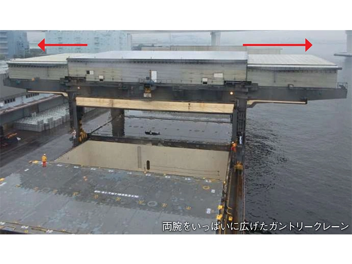 両腕をいっぱいに広げたガントリークレーン。荷役効率の良さが特長 